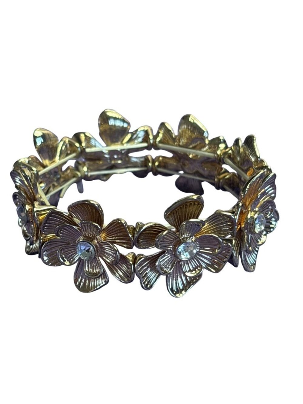 Goldtone Floral Stretchy Bracelet Clear Rhinestones 6.25 inches Unstretched